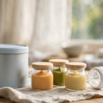 Infant formula tin with baby food jars and bottle on kitchen counter