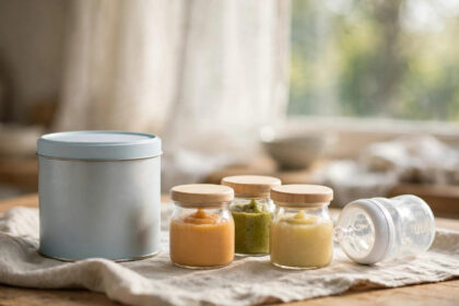 Infant formula tin with baby food jars and bottle on kitchen counter