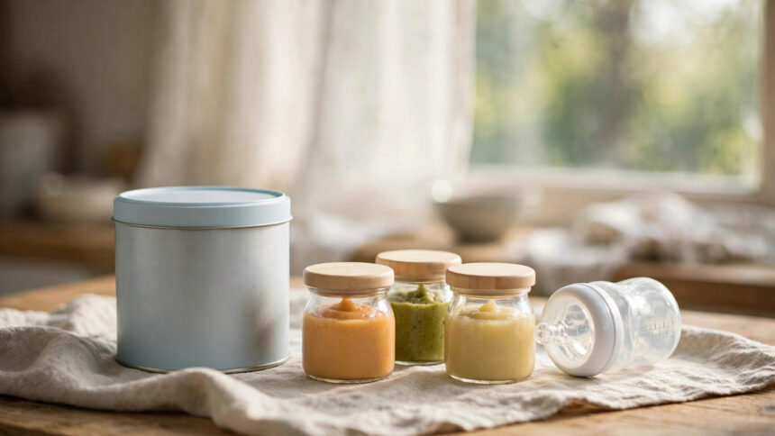 Infant formula tin with baby food jars and bottle on kitchen counter