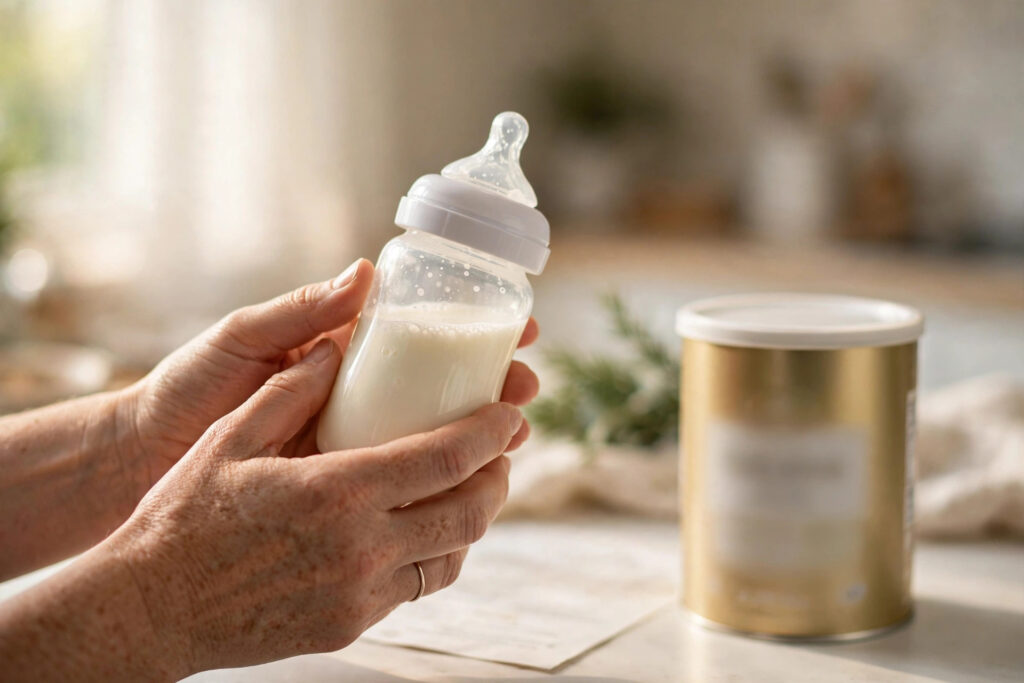 Hands holding a baby bottle beside an infant formula tin