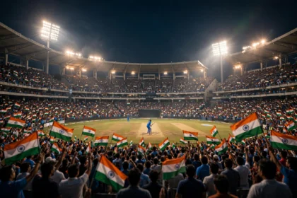 Packed night-time Indian cricket stadium with flags, batsman silhouette from behind