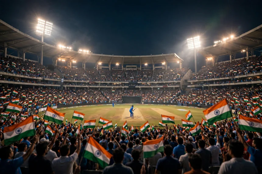 Packed night-time Indian cricket stadium with flags, batsman silhouette from behind