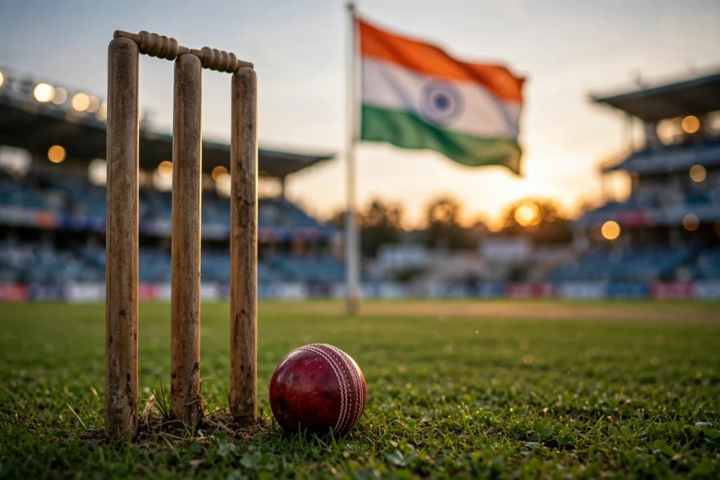 Cricket stumps and ball at dusk with the Indian flag
