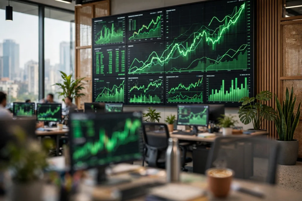Stock ticker board displaying live market data
