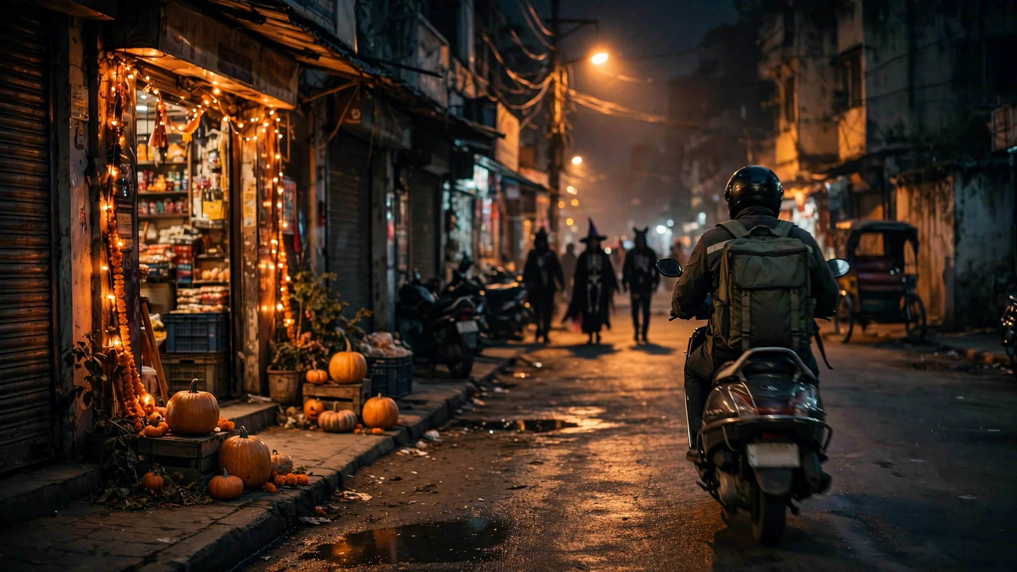 A delivery rider passes a pumpkin-decorated shopfront on a Halloween night in India