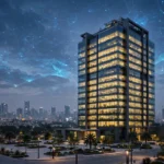 HCLTech office tower with AI network overlay