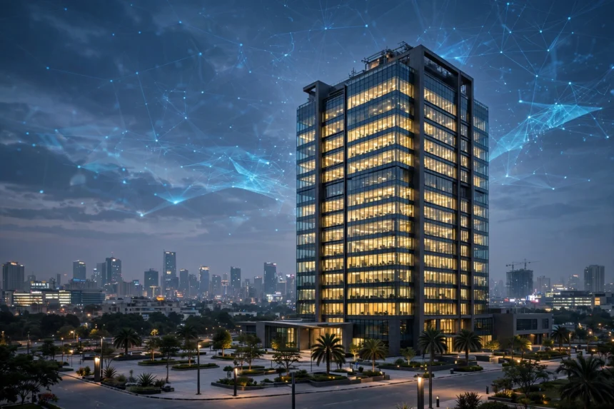 HCLTech office tower with AI network overlay