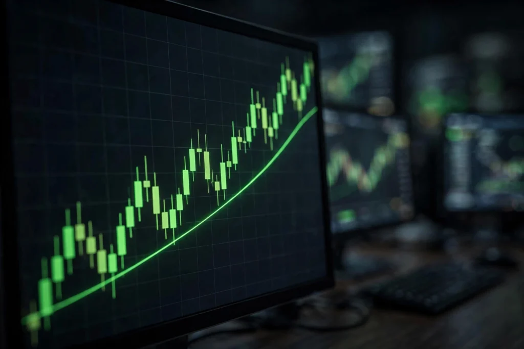 Green upward candlestick stock charts