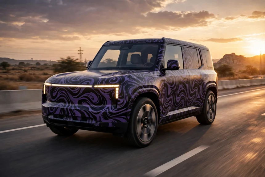 Illustrative image of a camouflaged electric SUV test mule during road testing on an Indian highway.