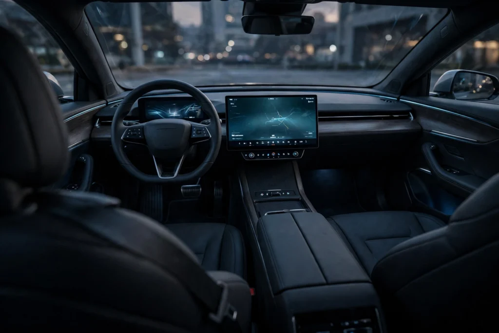 Illustrative image of a minimalist electric SUV dashboard with a large touchscreen, similar to the 0 Alpha's reported cabin.