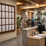 Hospital lobby with rate display board