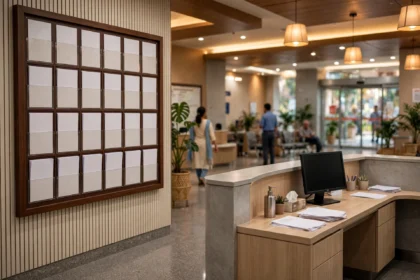 Hospital lobby with rate display board