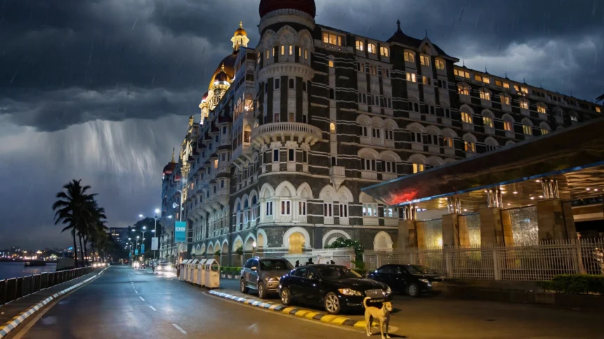The Taj Mahal Palace, Mumbai at night. Base photograph by Mike from Vancouver, Canada via Wikimedia Commons (CC BY-SA 2.0); AI editorial composite.