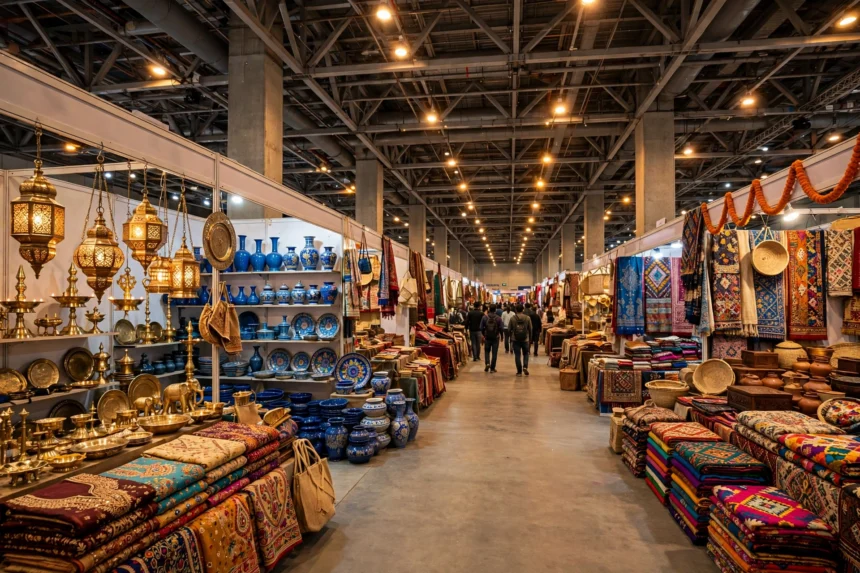Vast exhibition hall of the IHGF Delhi Fair 2026 with handicraft stalls