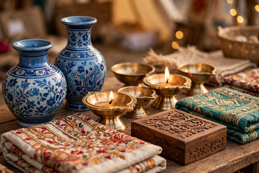 Blue pottery, brass diyas and colourful textiles on display at the IHGF Delhi Fair