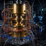 Golden dilution refrigerator in a dark quantum research lab with scientists silhouetted from behind