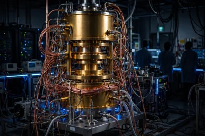 Golden dilution refrigerator in a dark quantum research lab with scientists silhouetted from behind