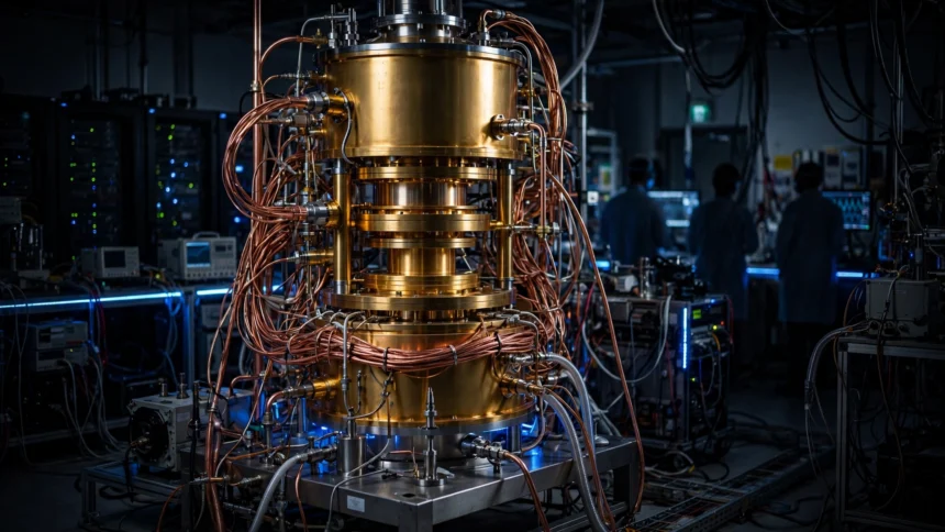 Golden dilution refrigerator in a dark quantum research lab with scientists silhouetted from behind