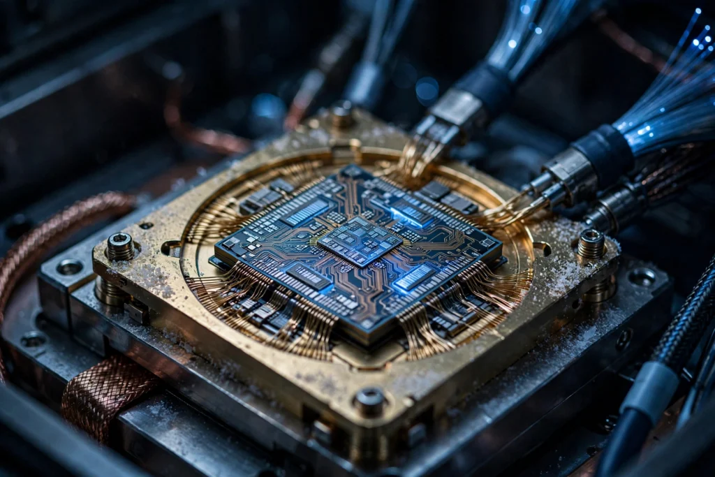 Close-up of a quantum computing chip