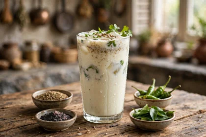 A glass of chilled masala chaas with spices