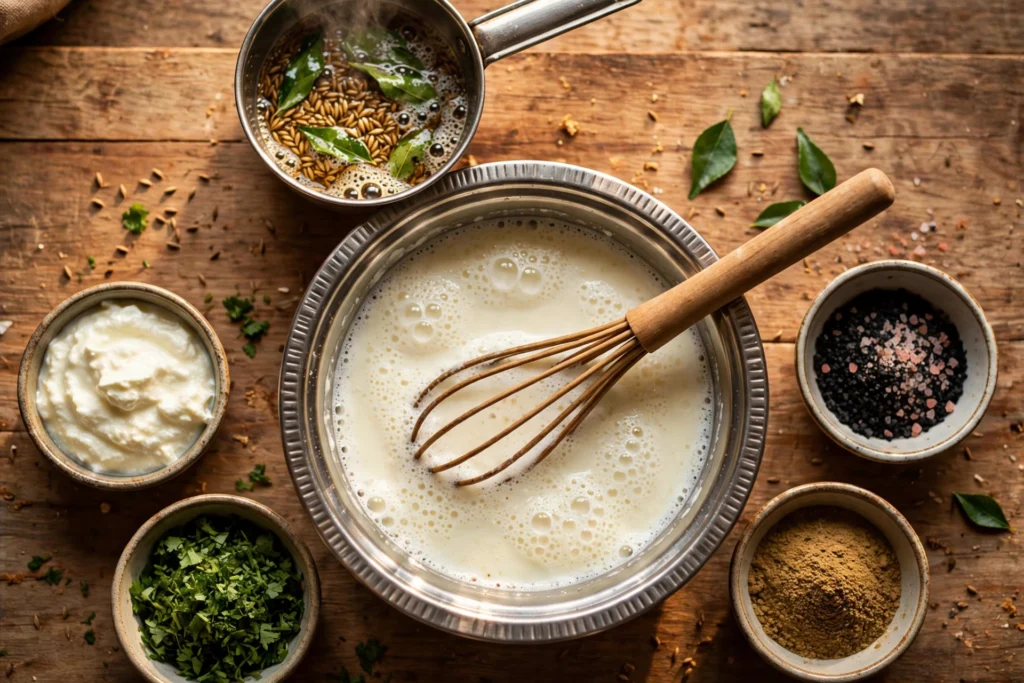 Chaas being prepared in a steel bowl with a whisk, curd, tempering and spices