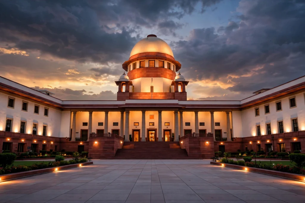 Supreme Court of India building at dusk