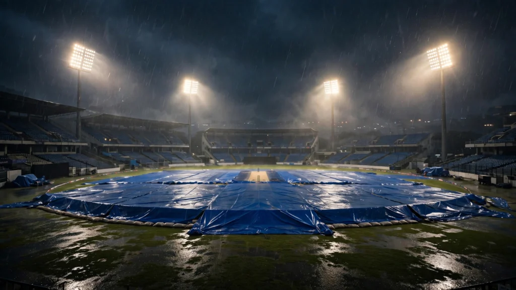 Covers on the pitch at a rain-hit night match