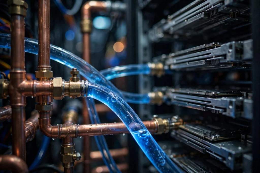 Close-up of liquid-cooling copper pipes and server blades in an AI data centre