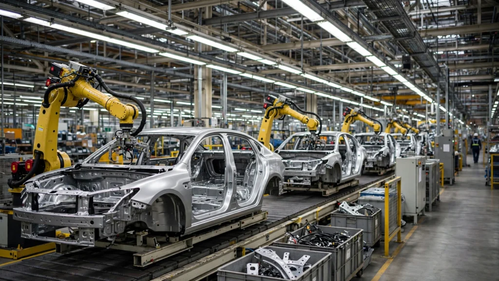 Car assembly line inside a manufacturing plant