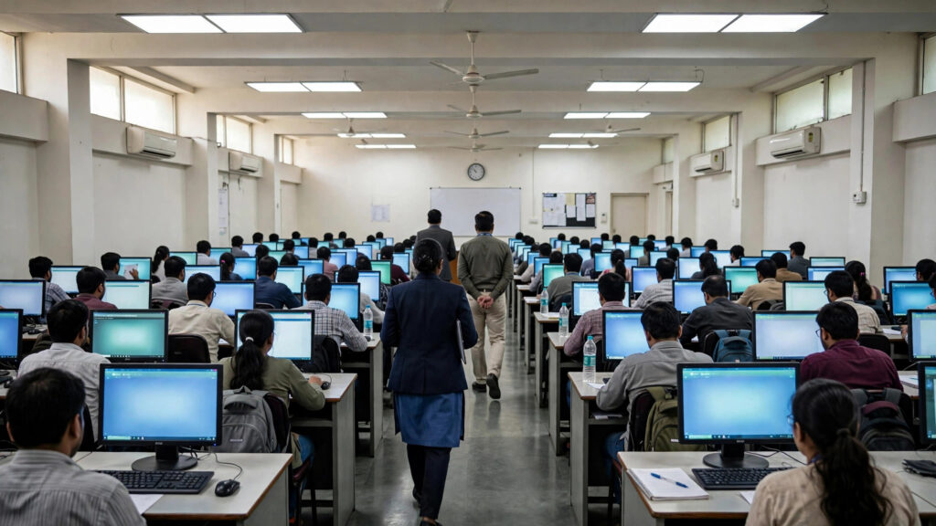 Candidates at computer terminals in an RRB CBT exam hall