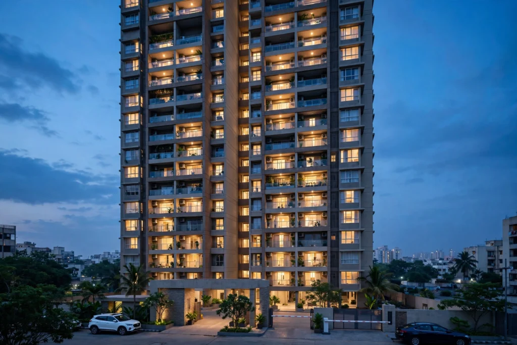 Modern residential apartments in an Indian city, representing home loans.