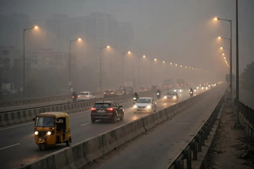 Smoggy highway traffic in heavy air pollution