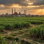 Sugarcane fields and a sugar mill in India