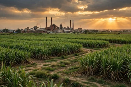 Sugarcane fields and a sugar mill in India