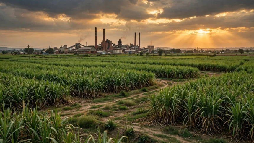 Sugarcane fields and a sugar mill in India