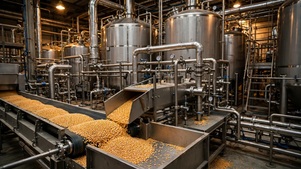 Maize grain being processed at an ethanol distillery plant