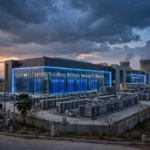 Data centre building exterior at dusk