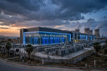 Data centre building exterior at dusk