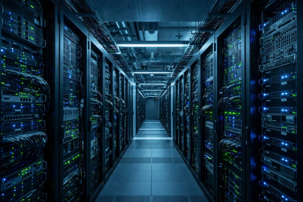 Server rack corridor inside a data centre