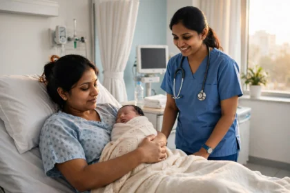 A mother holding her newborn baby in an Indian hospital maternity ward