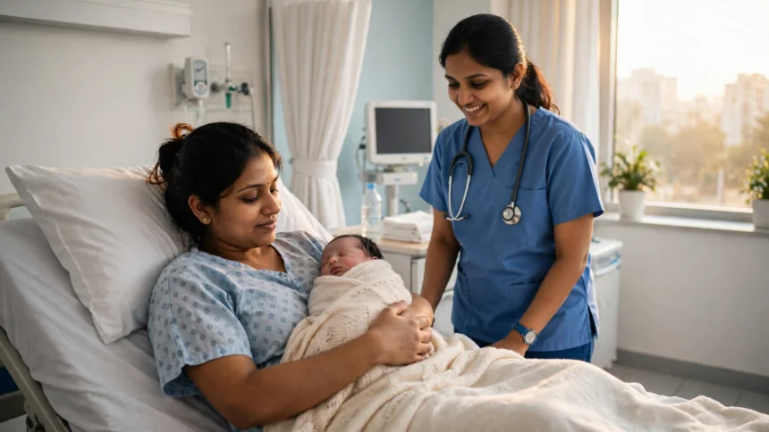 A mother holding her newborn baby in an Indian hospital maternity ward