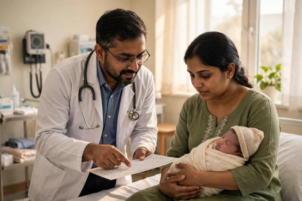 A doctor advising a mother with her newborn during a postnatal checkup in an Indian hospital
