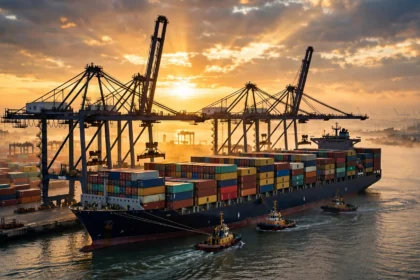 Cargo ship at port illustrating India-New Zealand trade under the new FTA