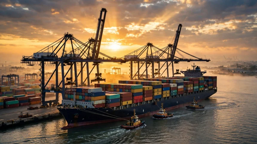 Cargo ship at port illustrating India-New Zealand trade under the new FTA