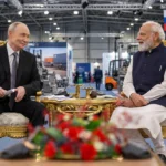 Prime Minister Narendra Modi with Russian President Vladimir Putin. Photo: Prime Minister's Office, India / Wikimedia Commons (background composite).