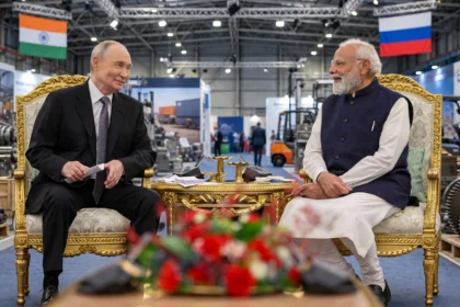 Prime Minister Narendra Modi with Russian President Vladimir Putin. Photo: Prime Minister's Office, India / Wikimedia Commons (background composite).