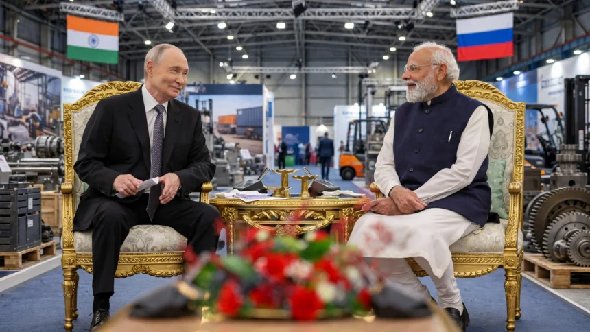Prime Minister Narendra Modi with Russian President Vladimir Putin. Photo: Prime Minister's Office, India / Wikimedia Commons (background composite).