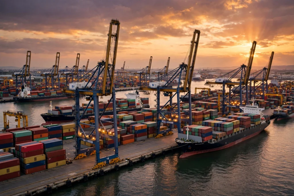 Container ships and cranes at a busy port, illustrating global trade.