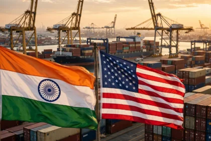 India and US flags at a container port at golden hour