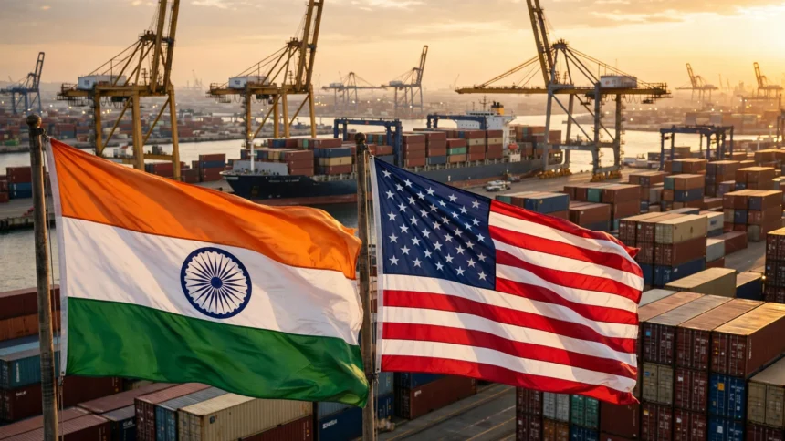 India and US flags at a container port at golden hour